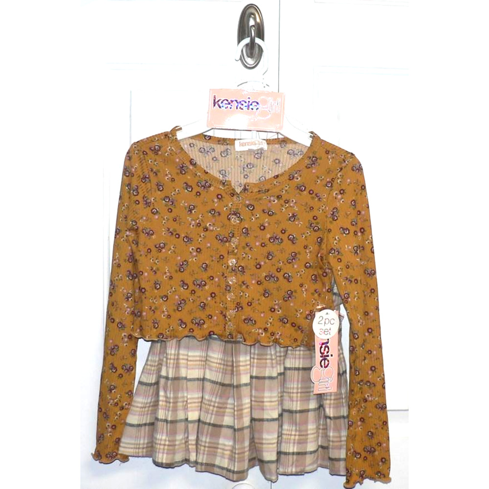 Kensie Girl 2 Pc Long Sleeve Lettuce Edge Floral Top & Pleated Skirt Set 7/8